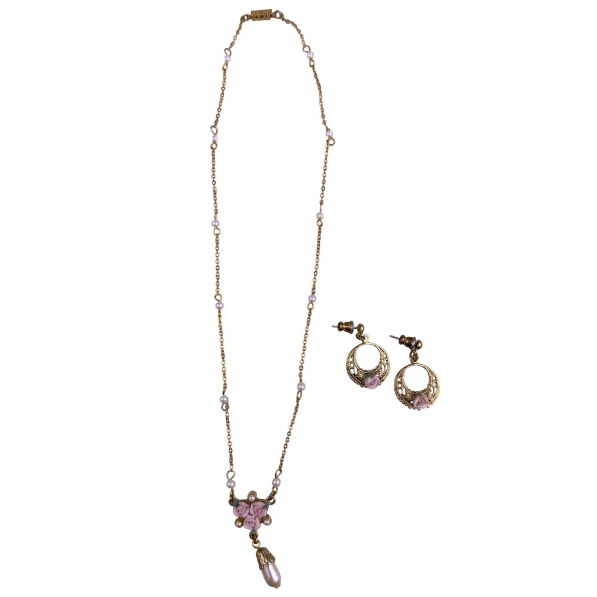 Gold Tone Womens Pink Synthetic Pearl Floral Necklace & Earring Set Lightweight