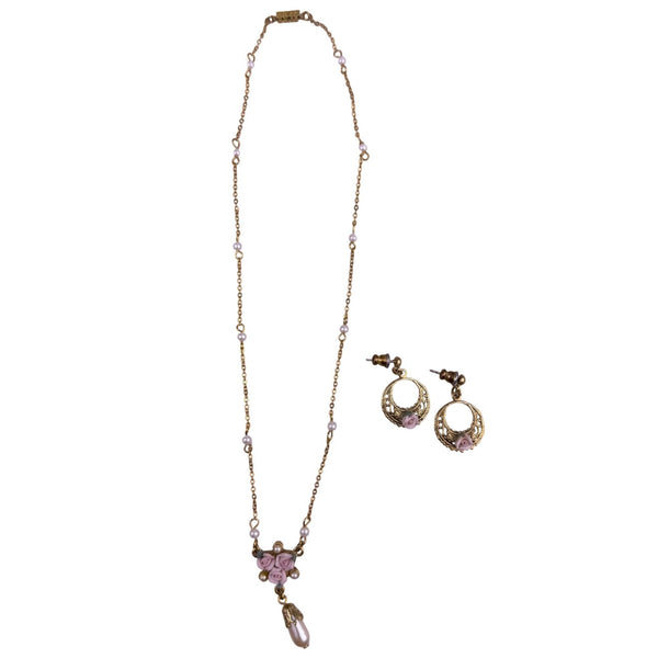 Gold Tone Womens Pink Synthetic Pearl Floral Necklace & Earring Set Lightweight