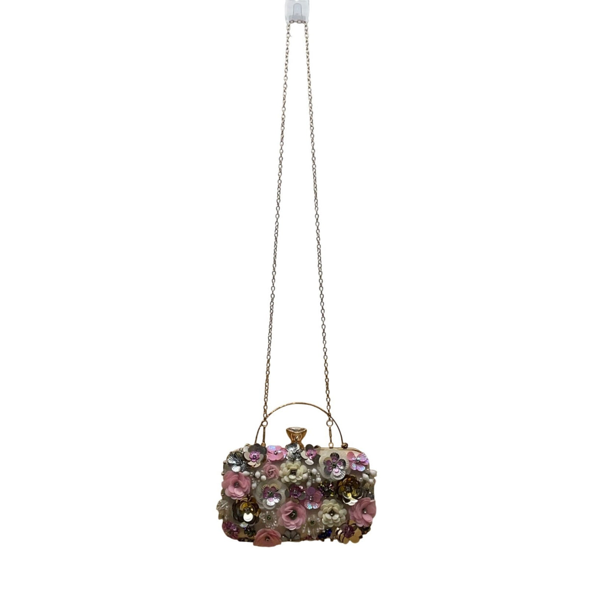 Women’s Pink Floral Embellishment With Chain Strap & Handle Clutch Purse