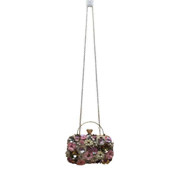 Women’s Pink Floral Embellishment With Chain Strap & Handle Clutch Purse