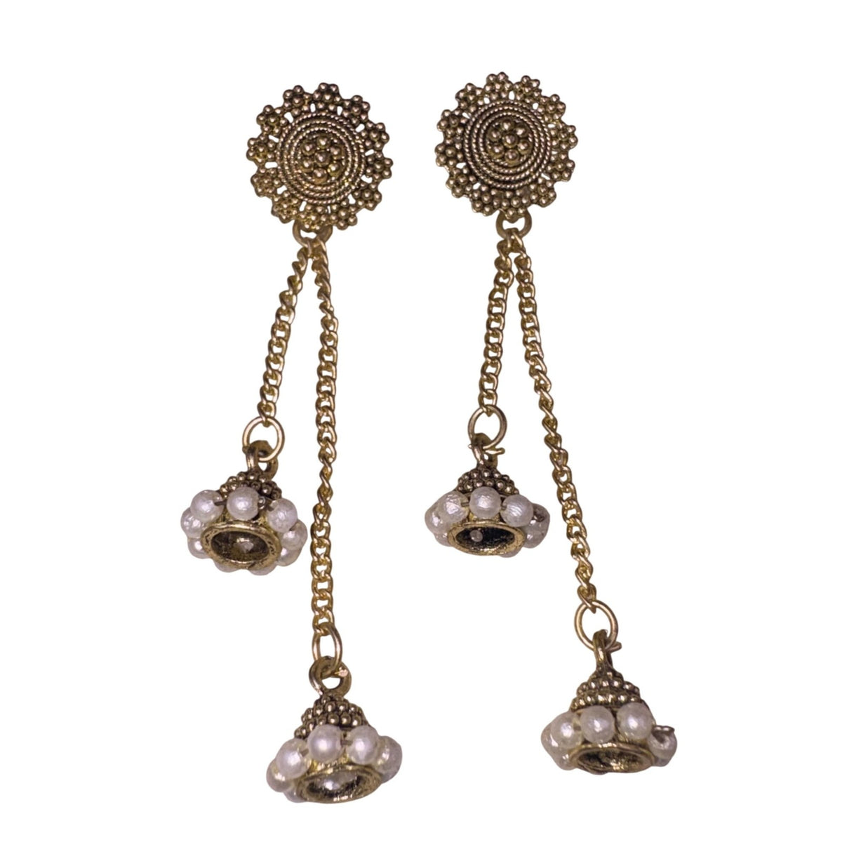 Gold Tone Womens Earrings With Pearl Accents Long Chain Stud Dangle 