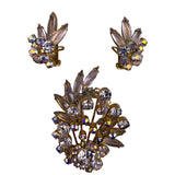 Vintage Gold Tone Rhinestone Clip-On Earrings & Floral Brooch Set