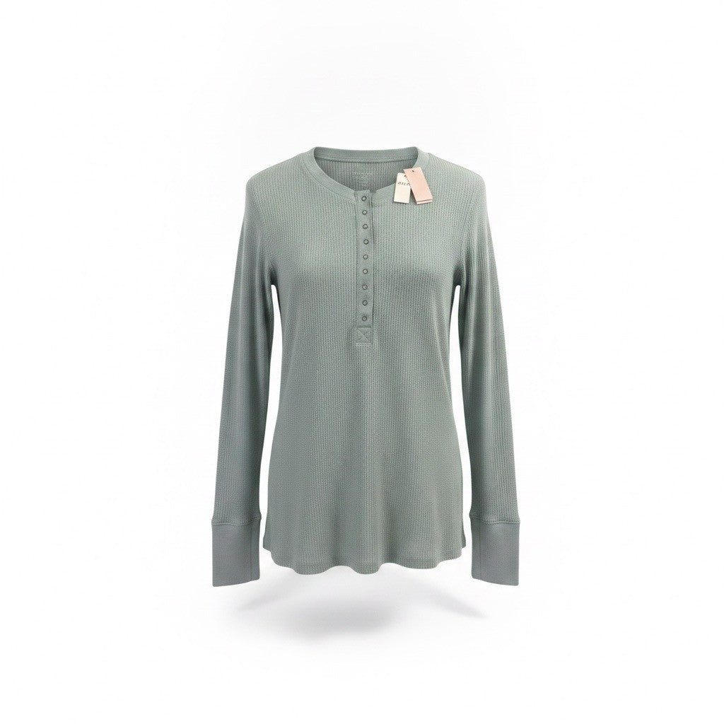 Aerie Womens Sage Green Cotton Blend Waffle Knit Henley Long Sleeve Top Size XL