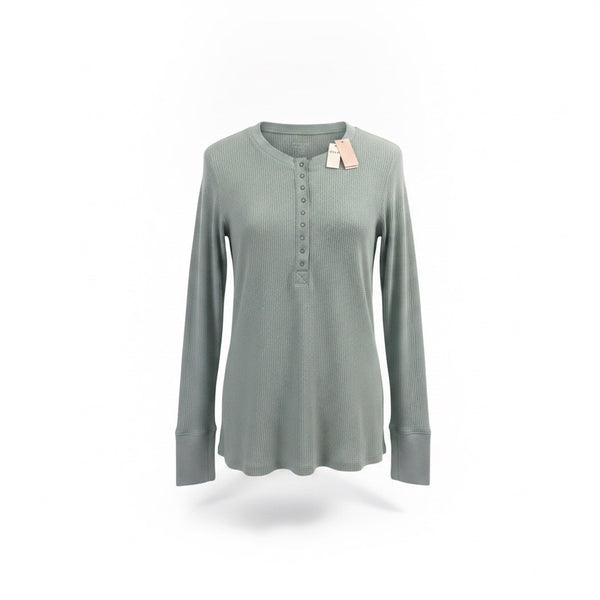 Aerie Womens Sage Green Cotton Blend Waffle Knit Henley Long Sleeve Top Size XL