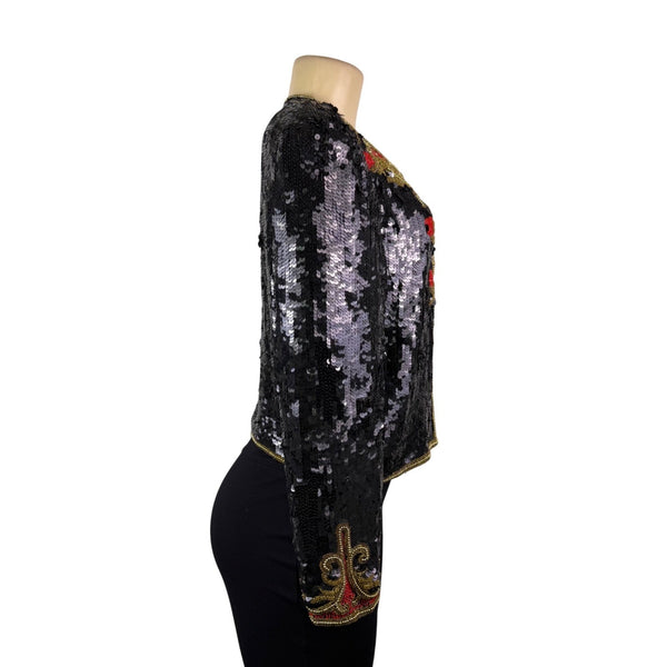 Marie Ellyse Womens Black Sequin & Gold Embellished Silk Cropped Jacket Size L