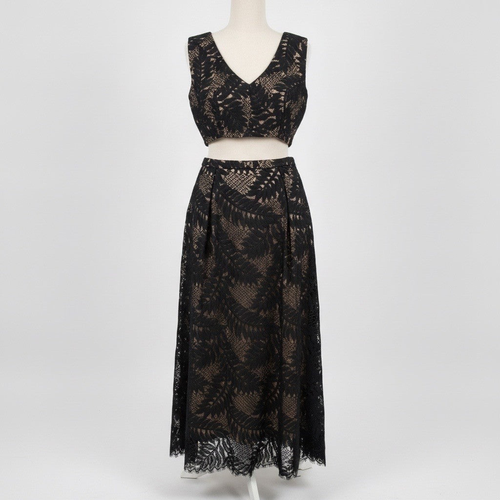 BCBGMaxAzria Womens Beige/Black Lace Crop Top & Maxi Skirt Set  Elegant Size 8 