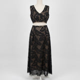 BCBGMaxAzria Womens Beige/Black Lace Crop Top & Maxi Skirt Set  Elegant Size 8 