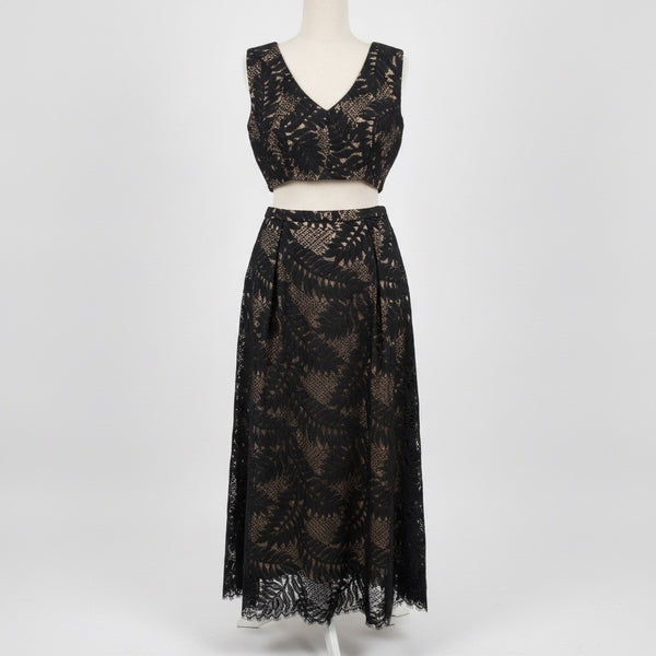BCBGMaxAzria Womens Beige/Black Lace Crop Top & Maxi Skirt Set  Elegant Size 8 