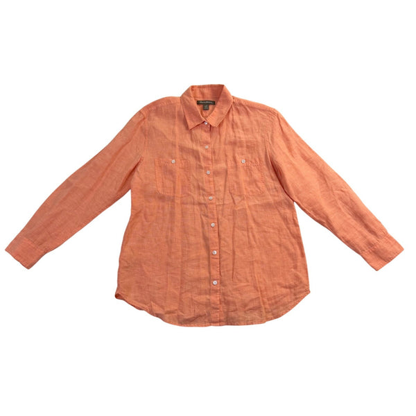 Tommy Bahama Womens Orange Linen Button-Down Shirt Casual Long Sleeve Sz L