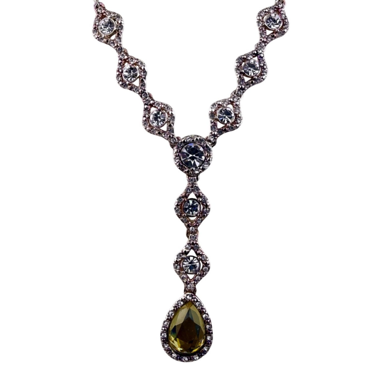 Silver Tone Womens Necklace With Crystals & Teardrop Yellow Gem Statement