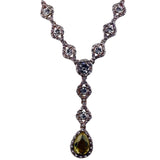 Silver Tone Womens Necklace With Crystals & Teardrop Yellow Gem Statement