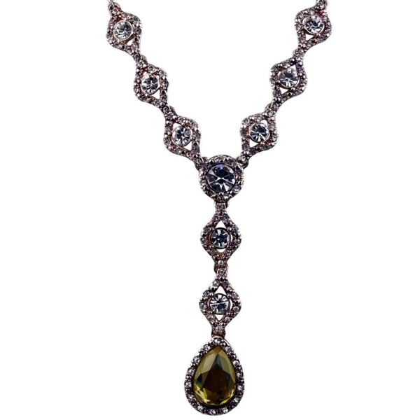 Silver Tone Womens Necklace With Crystals & Teardrop Yellow Gem Statement