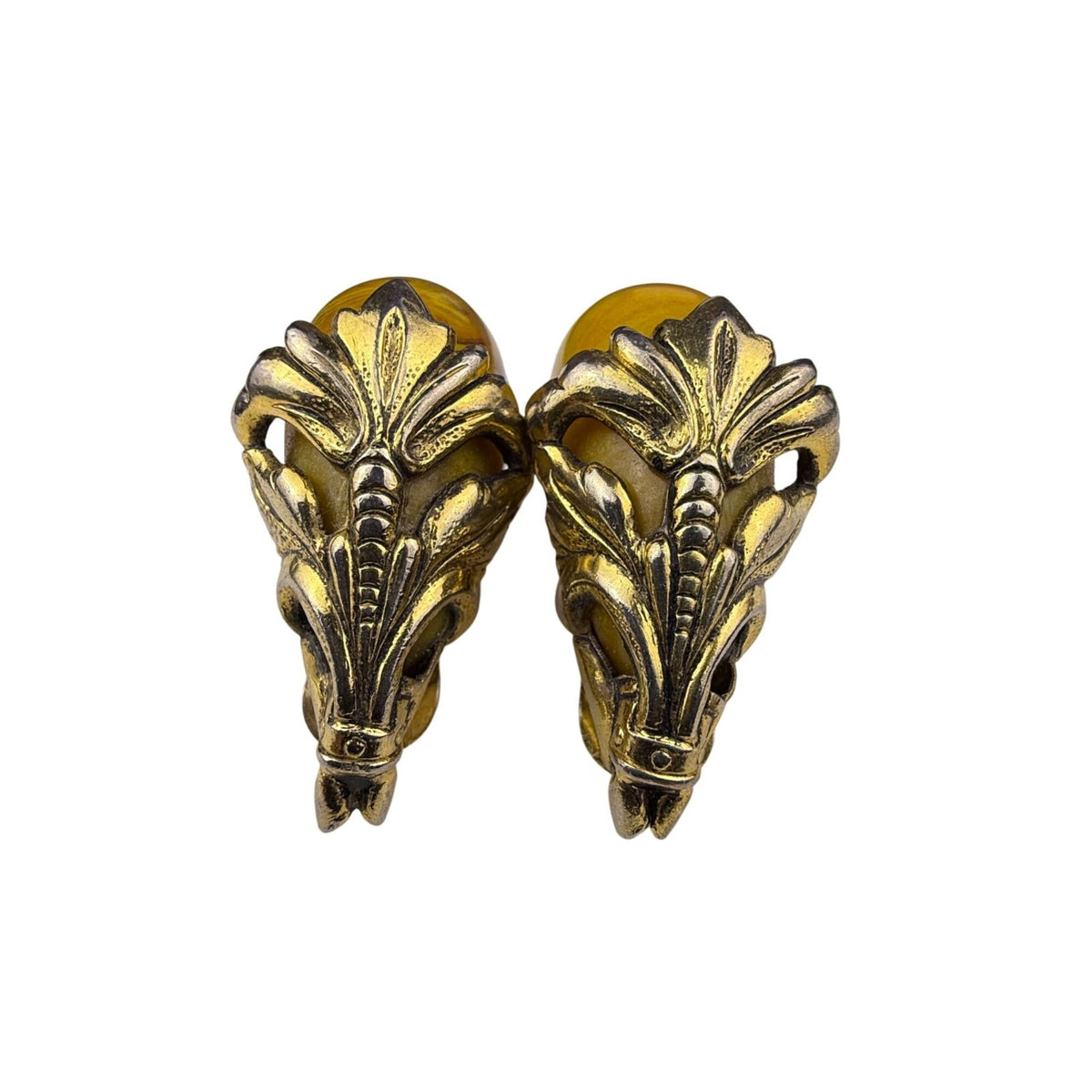 Vintage Clip-On Earrings Gold Tone & Amber Resin Deco Motif Swirl Design