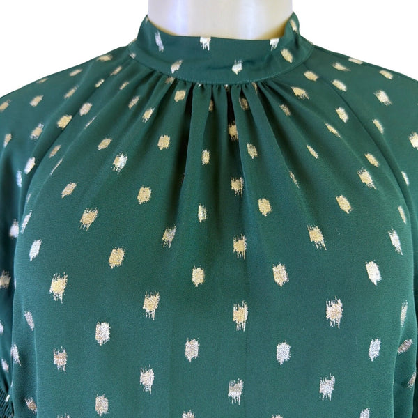Ted Baker Womens Green Puff Sleeve Top Metallic Polka Dot Accent Size 1