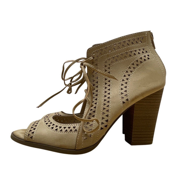 Restricted Womens Beige Peep-Toe Lace-Up Back Zipper Heeled Sandals Sz 8.5
