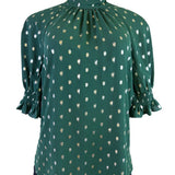 Ted Baker Womens Green Puff Sleeve Top Metallic Polka Dot Accent Size 1