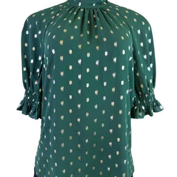 Ted Baker Womens Green Puff Sleeve Top Metallic Polka Dot Accent Size 1