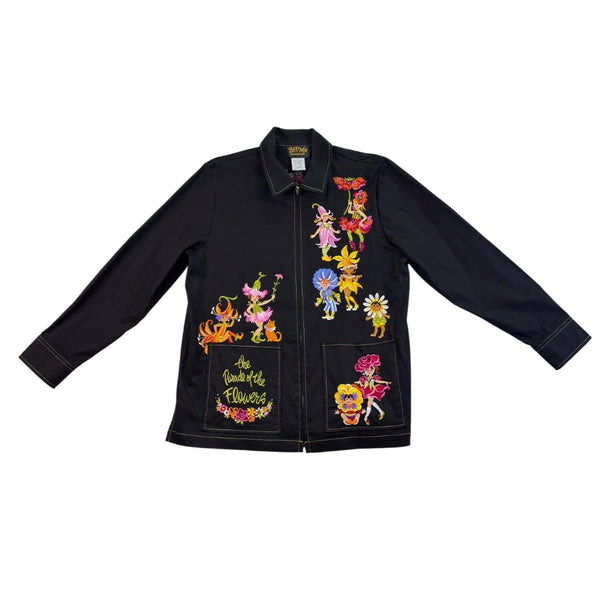 Bob Mackie Womens Black Floral Embroidered Jacket "Parade Of The Flowers"  Sz L