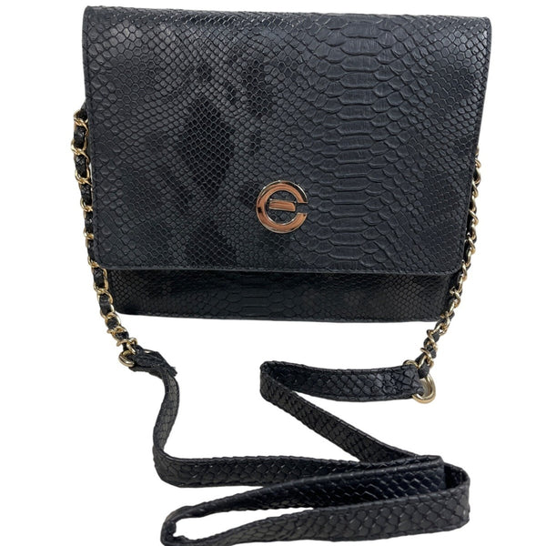 Elizabeth Grant Black Crossbody Purse Python Print Gold Chain Strap Sz S - New