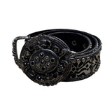 Vintage Black Floral Belt Silver Accents Ornate Buckle  Adjustable Fit