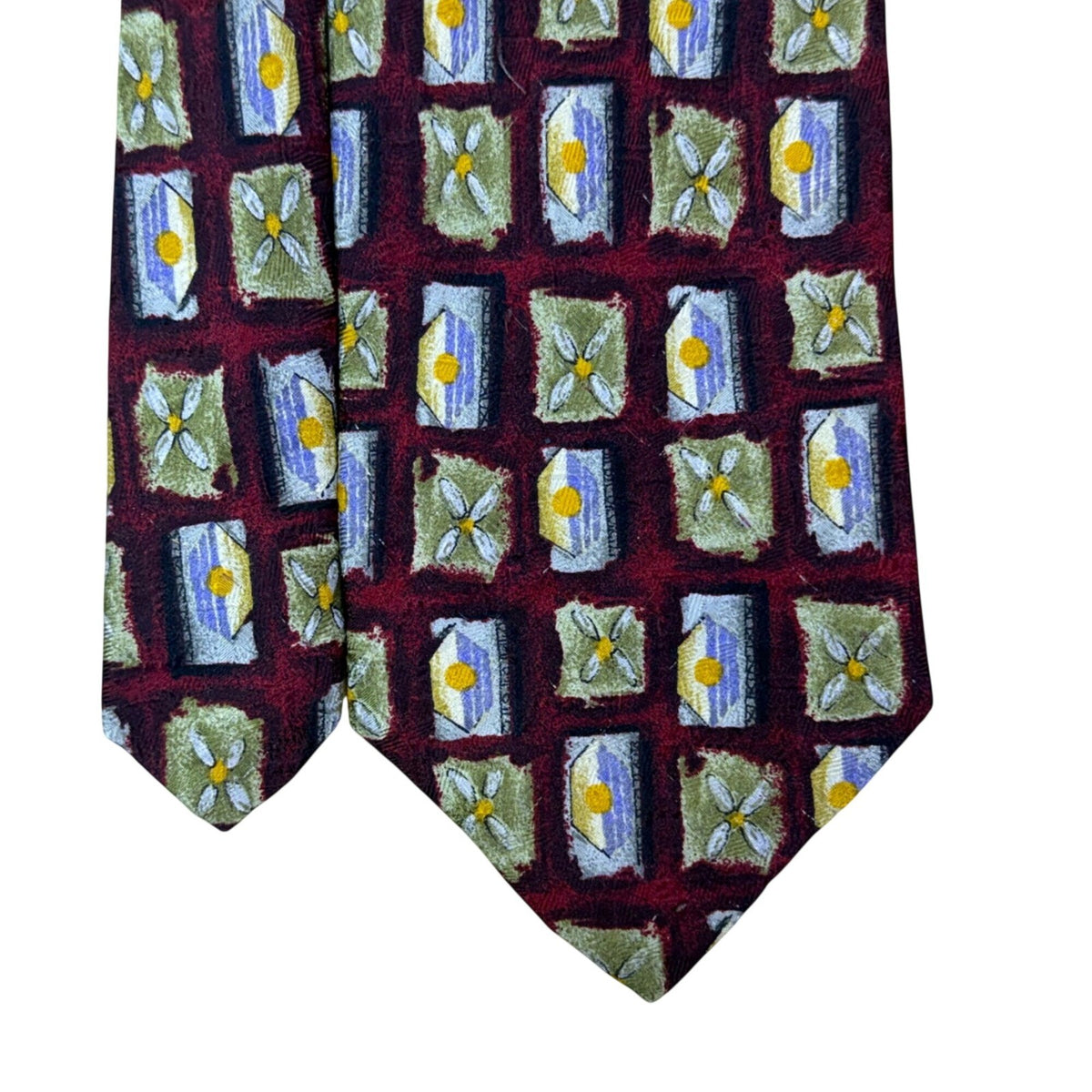 Robert Talbott Mens Burgundy Silk Floral & Geometric Print Tie Hand-Sewn USA