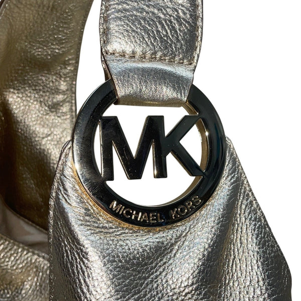 Michael Kors Women’s Gold Metallic Textured Leather Hobo Bag Logo Charm Accent
