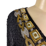 Chetan Creations Black Silk Hand Woven Sequined Beaded Top Gold V-Neck Sz M