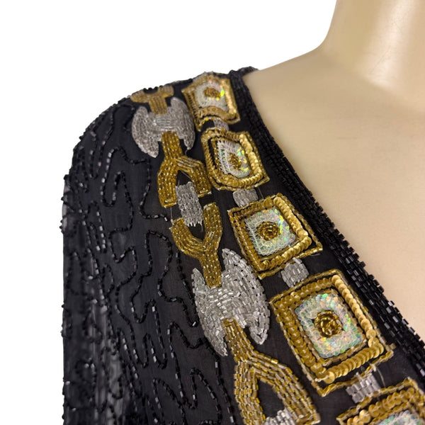 Chetan Creations Black Silk Hand Woven Sequined Beaded Top Gold V-Neck Sz M