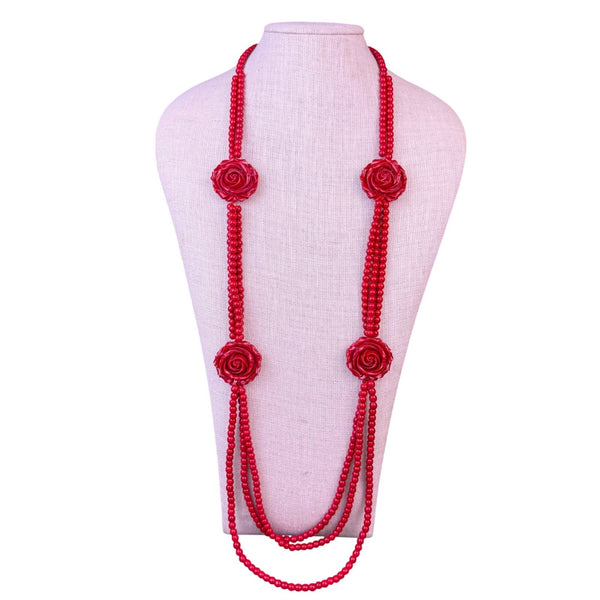 Triple-Strand Red Carved Rose Beaded Necklace Womens Jewelry Fashion Accessory