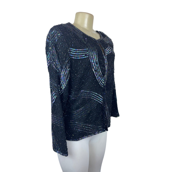 Vintage Stenay Women's Black Sequined and Beaded Silk Long-sleeve Sweater Sz- L