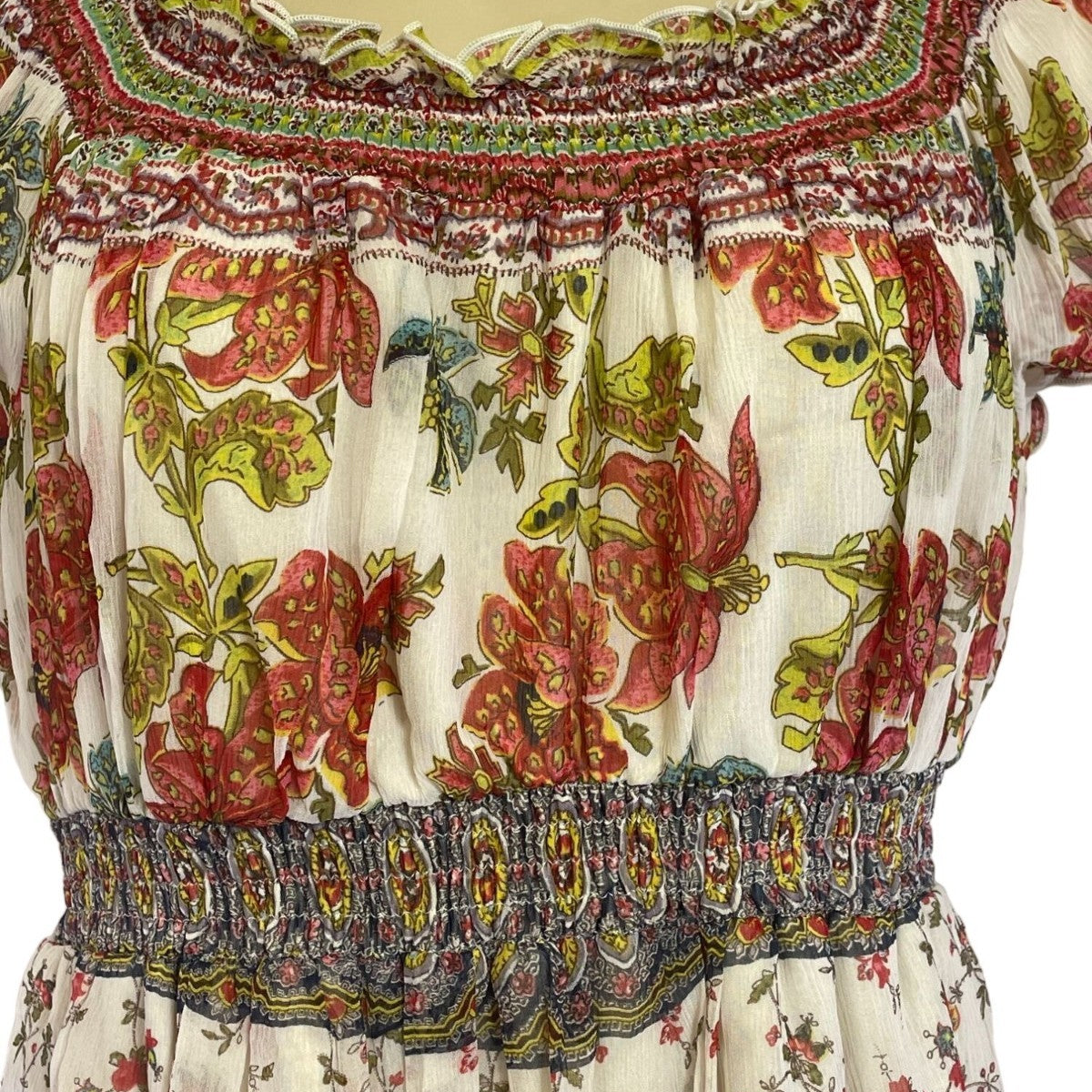 Mimi Maternity Floral Print Silk Dress M Multicolor Smocked Waist & Neckline New