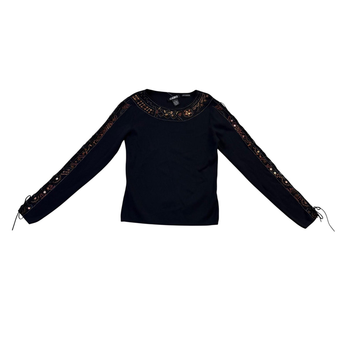 Cabo Womens Black Beaded Embroidered Long Sleeve Top Pull Tie Size S