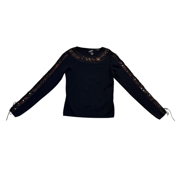 Cabo Womens Black Beaded Embroidered Long Sleeve Top Pull Tie Size S