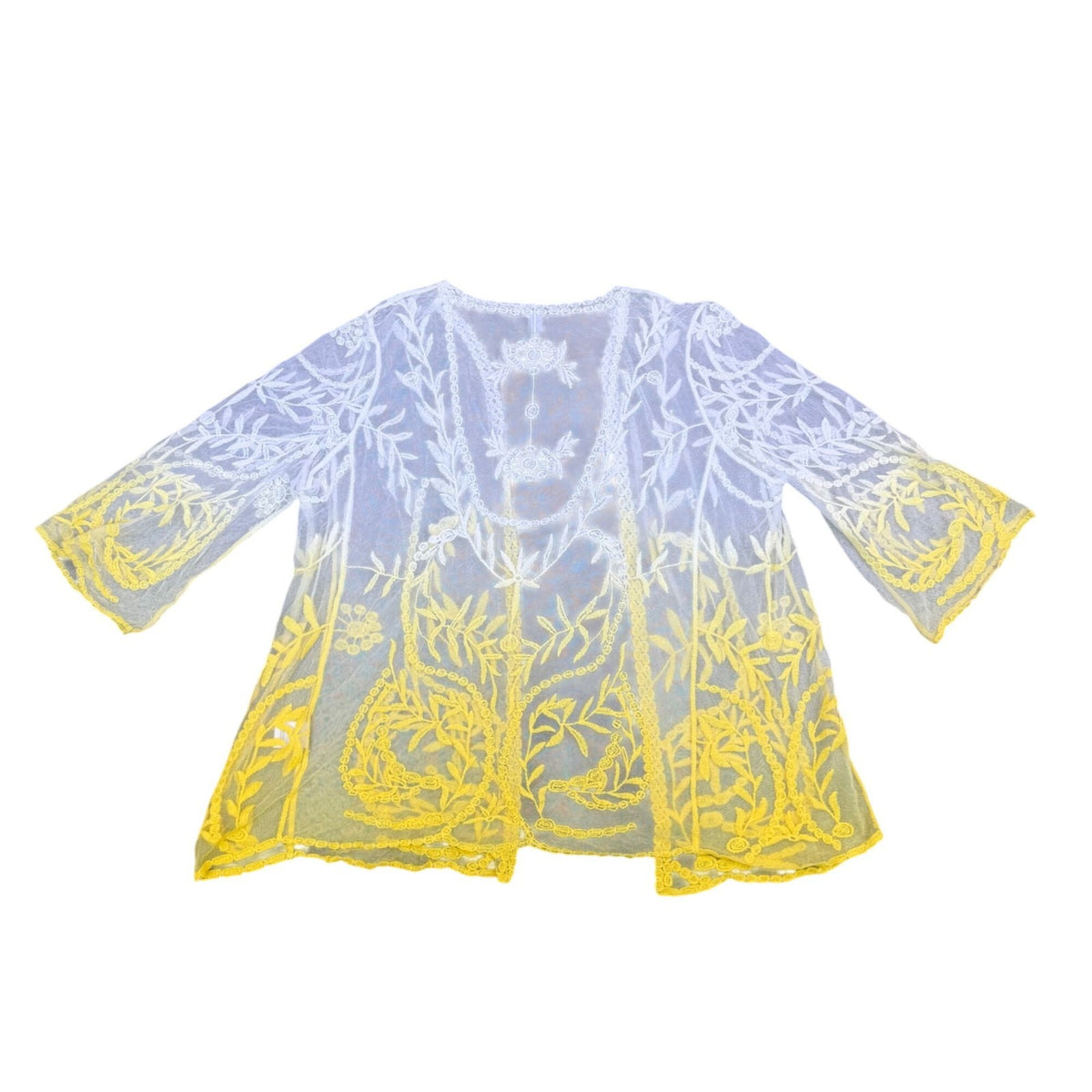 Nina Leonard Womens White & Yellow Lace Embroidered Open Front Topper Sz 2X