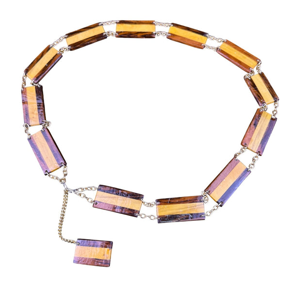 Handcrafted Vintage Wood & Metal Segment Chain Belt Brown/Yellow Unique Design