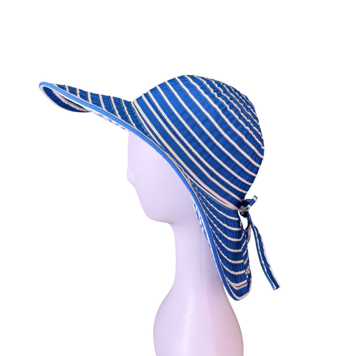 Kokin Womens Blue & White Striped Floppy Wide Brim Sun Hat Ribbon Tie