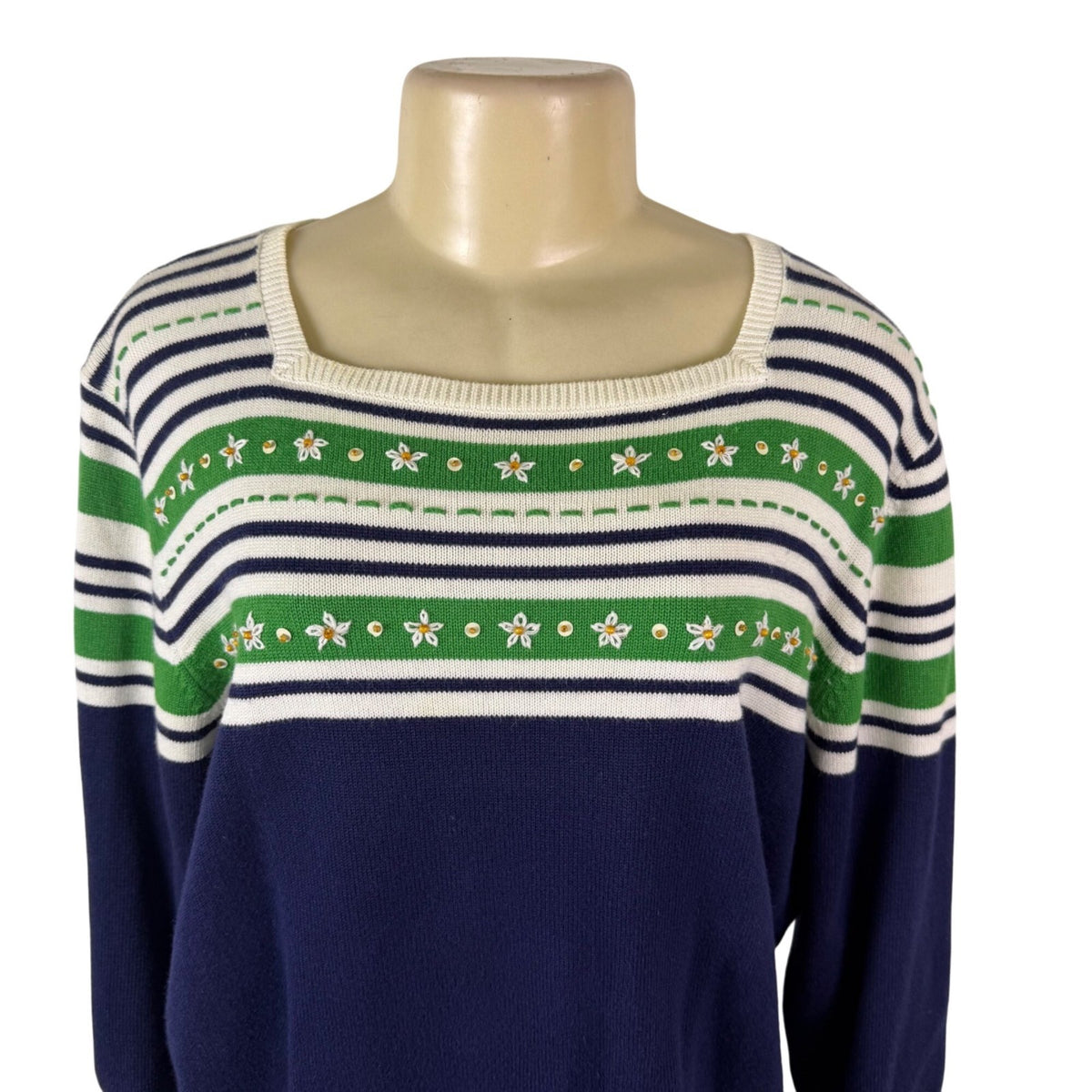 Alfred Dunner Womens Blue Green White Cotton Blend Floral Striped Sweater Size L