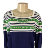 Alfred Dunner Womens Blue Green White Cotton Blend Floral Striped Sweater Size L