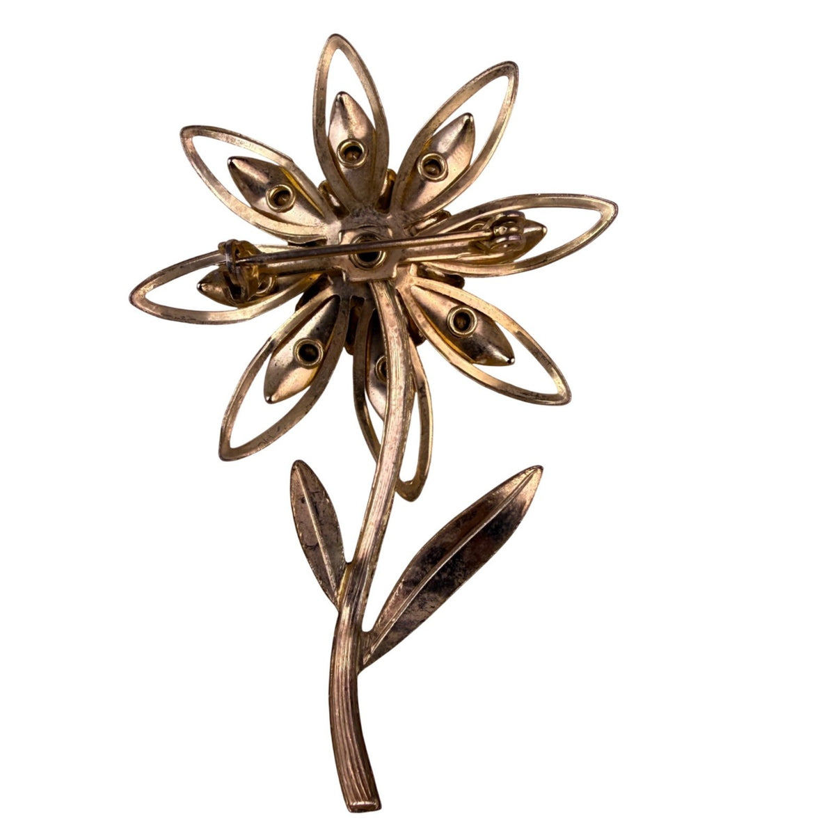 Large Gold Tone Blue Rhinestone Flower Brooch Pin Vintage Pressed Metal Design