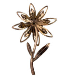 Large Gold Tone Blue Rhinestone Flower Brooch Pin Vintage Pressed Metal Design