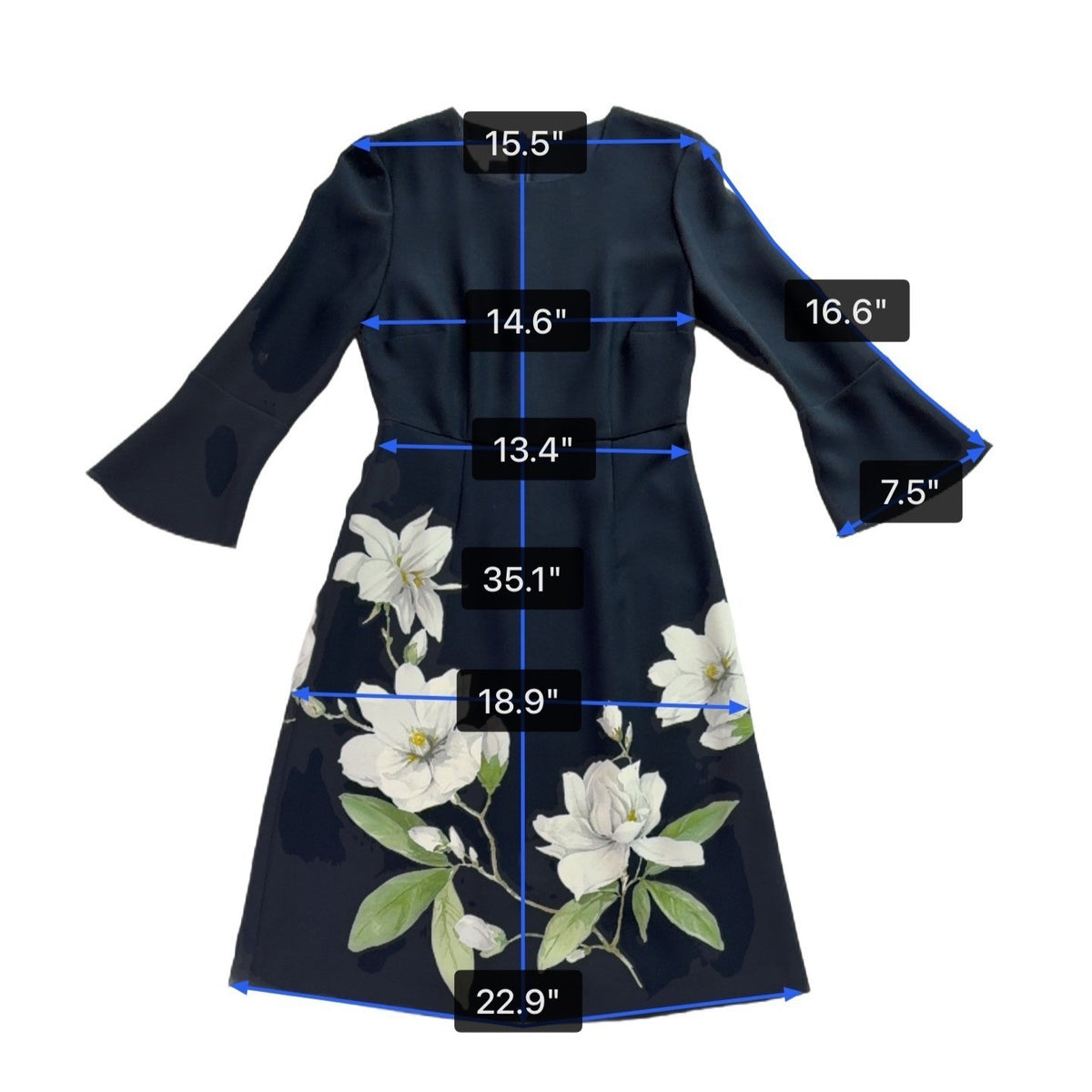Hobbs Womens Navy Floral Print Bell Sleeve Dress Size US 4