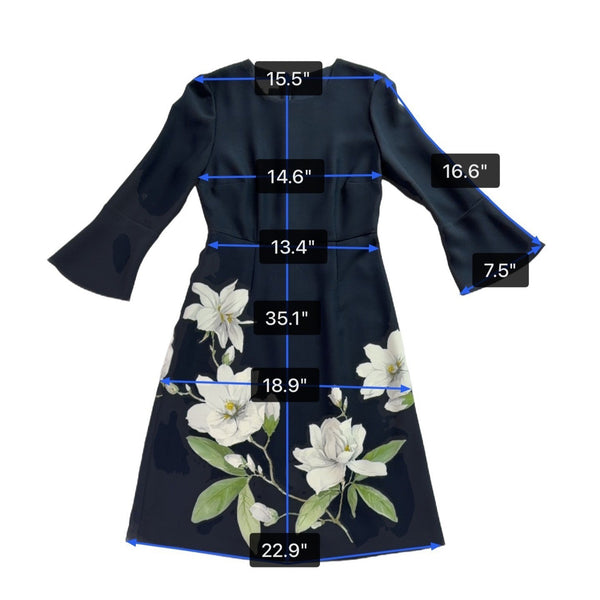 Hobbs Womens Navy Floral Print Bell Sleeve Dress Size US 4