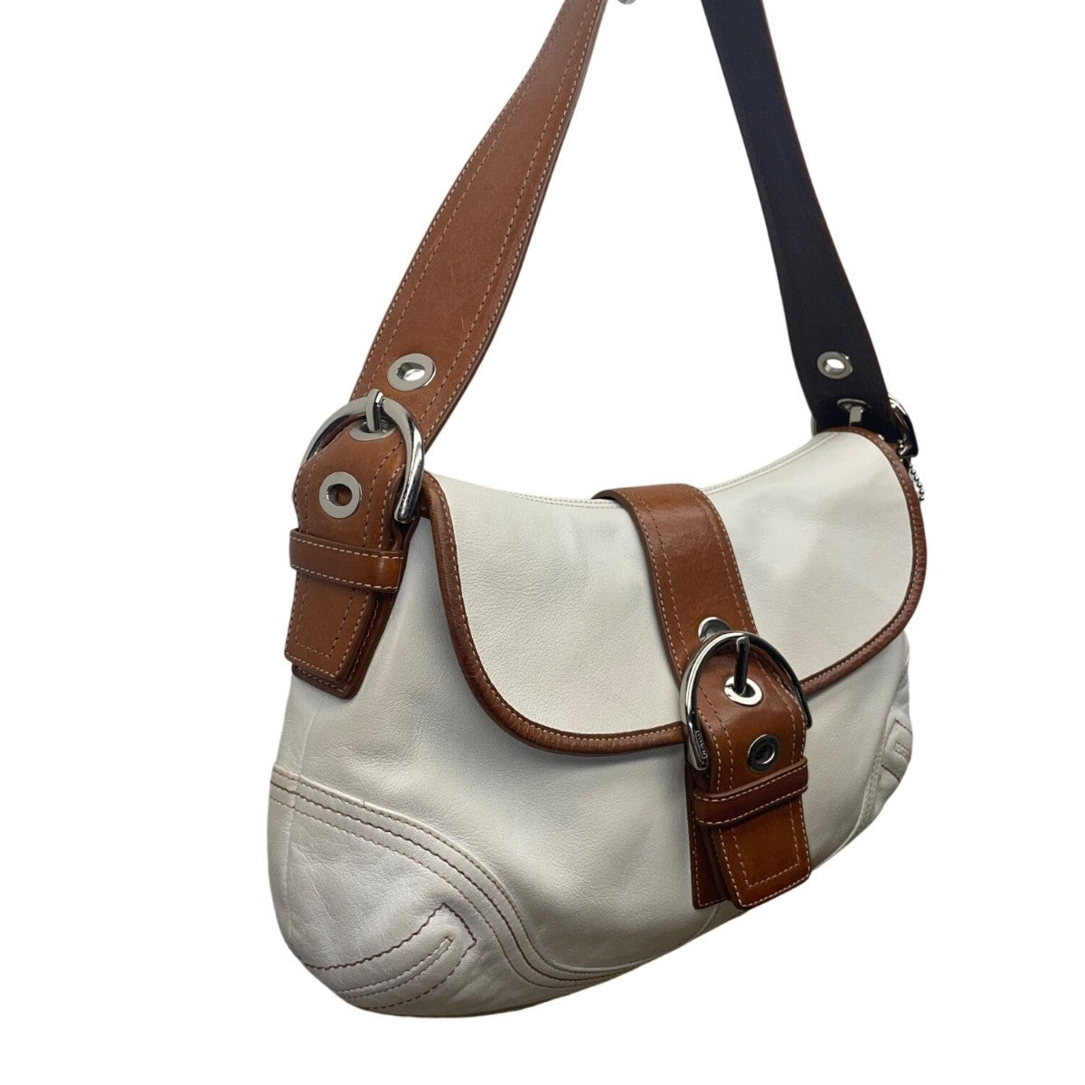 Coach Women’s White & Brown Leather Buckle Flap Detail Shoulder Bag