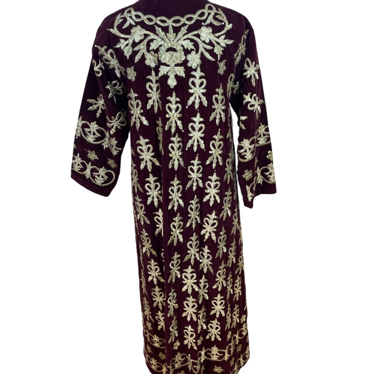 Vintage Women’s Velvet Burgundy & Gold Tone Embroidered Kaftan Dress