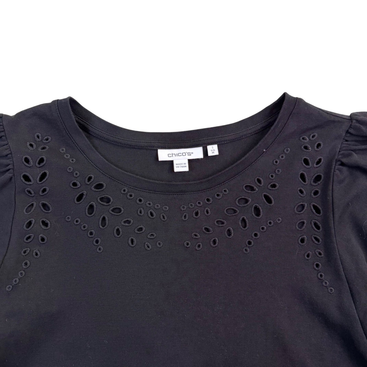 Chicos Womens Black Cotton Eyelet Short Sleeve Top Size 1 US M