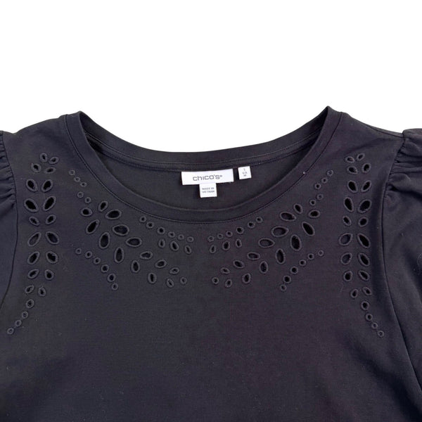 Chicos Womens Black Cotton Eyelet Short Sleeve Top Size 1 US M
