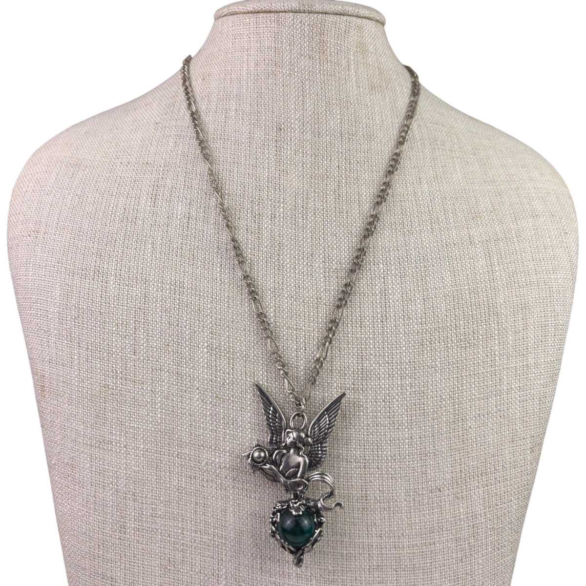 Silver Tone Unisex Winged Cherub Necklace With Green Gemstone Pendant