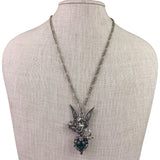 Silver Tone Unisex Winged Cherub Necklace With Green Gemstone Pendant