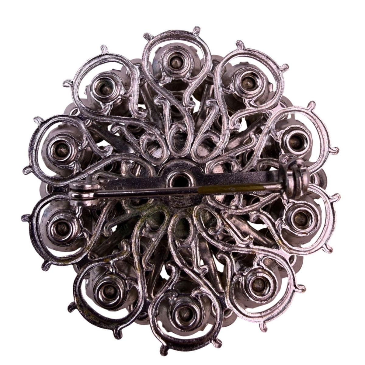 Vintage Unknown Womens Silver Tone Brooch Floral Design Gray & Clear Stones