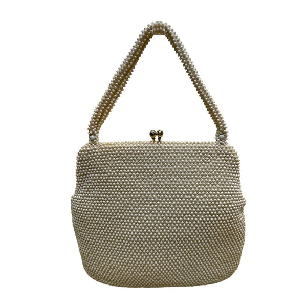 Vintage Lumured Cordé Bead Women’s White Beaded Handle Kiss Lock Closure Clutch
